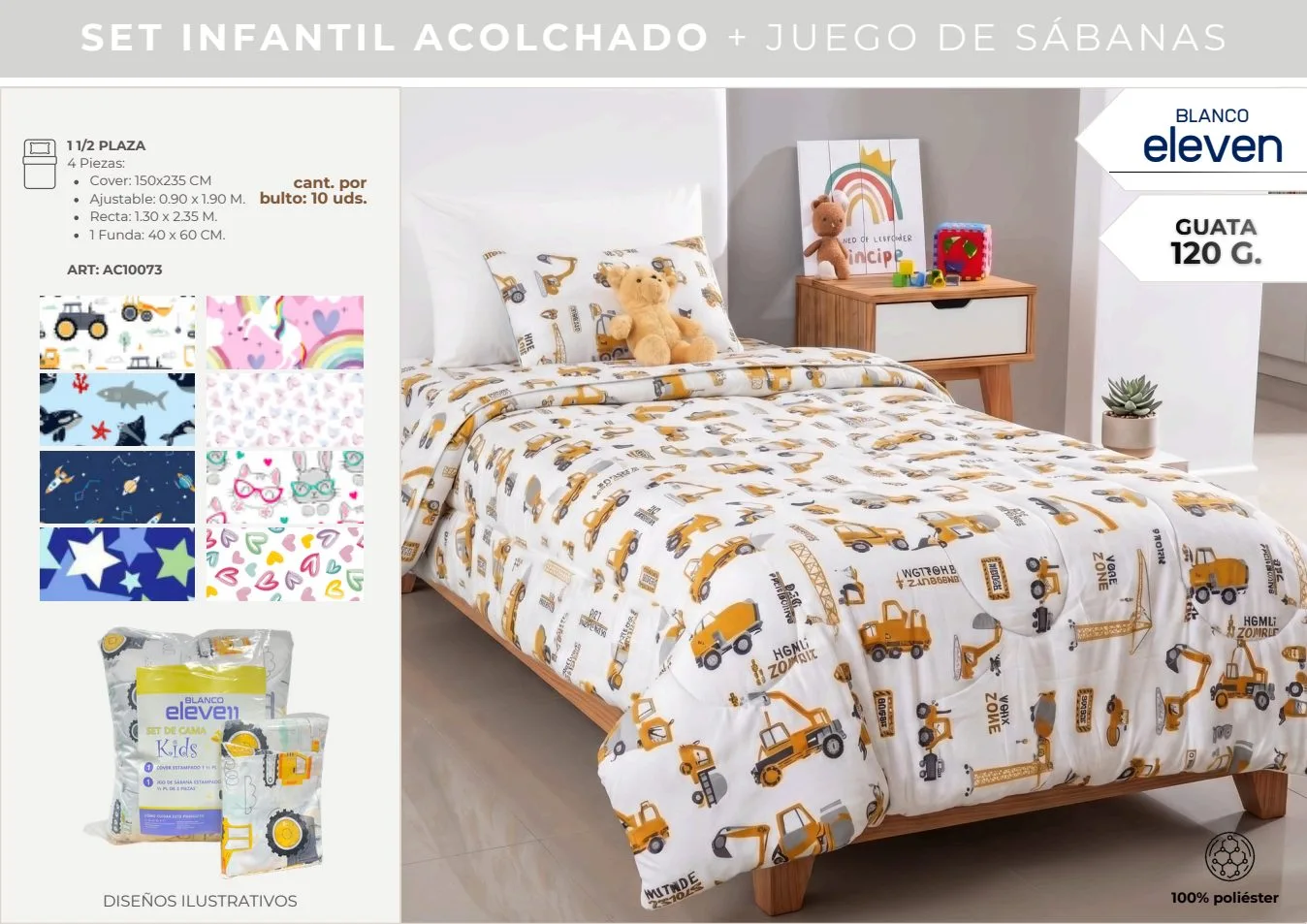 SET CAMA ACOLCHADO + JGO SAB INFANTIL 4P BLANCO ELEVEN 1 1/2