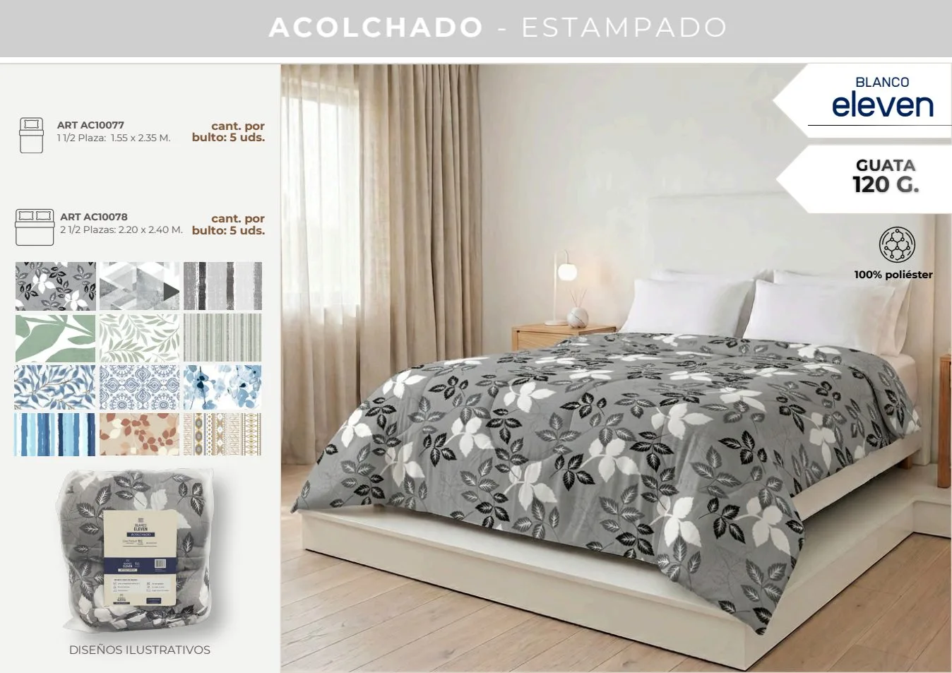 ACOLCHADO MICROFIBRA ESTAMPADO BLANCO ELEVEN 1 1/2