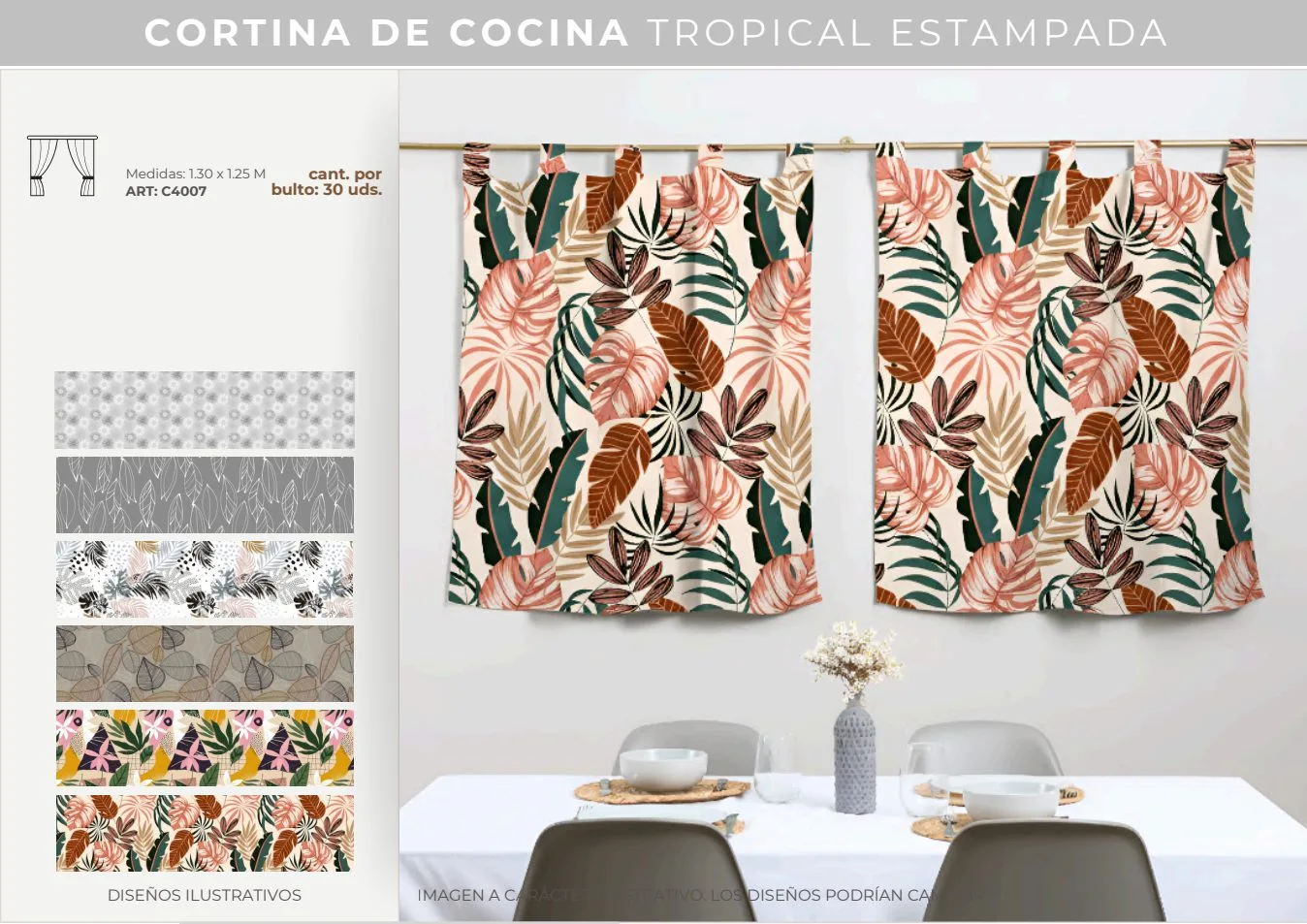 CORTINA COCINA TROPICAL ESTAMPADA 1.25M