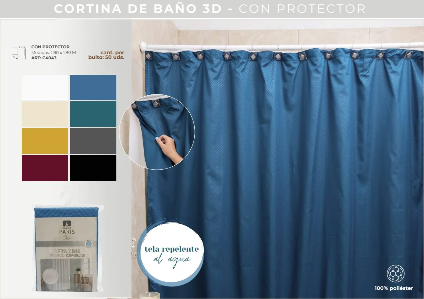 CORTINA DE BAÑO 3D C/PROTECTOR