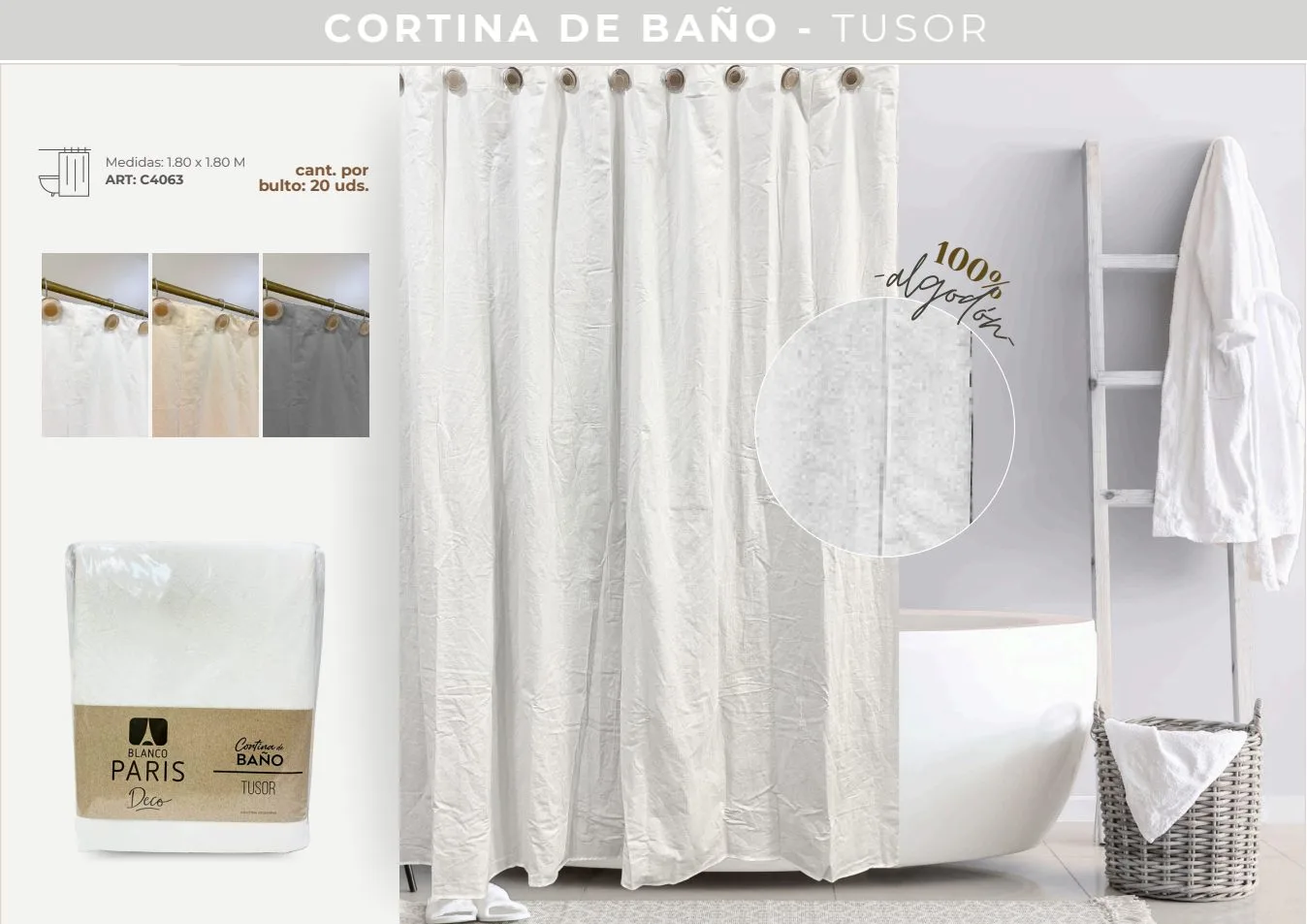 CORTINA DE BAÑO TUSOR LISA 1.80X1.80M