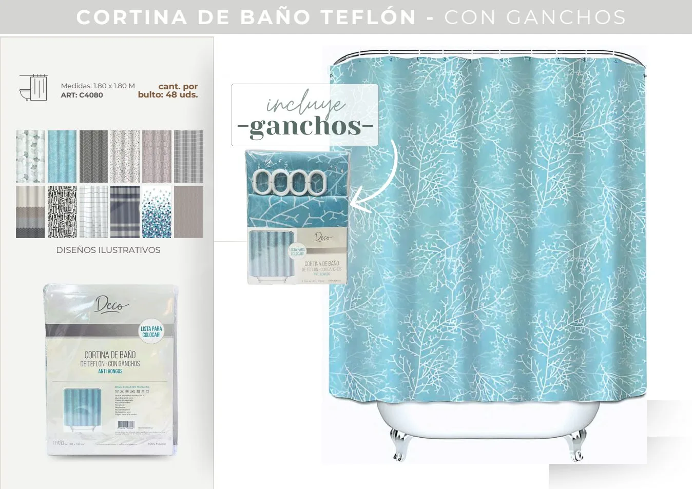 CORTINA DE BAÑO TEFLON C/GANCHOS EST (BP-CH)