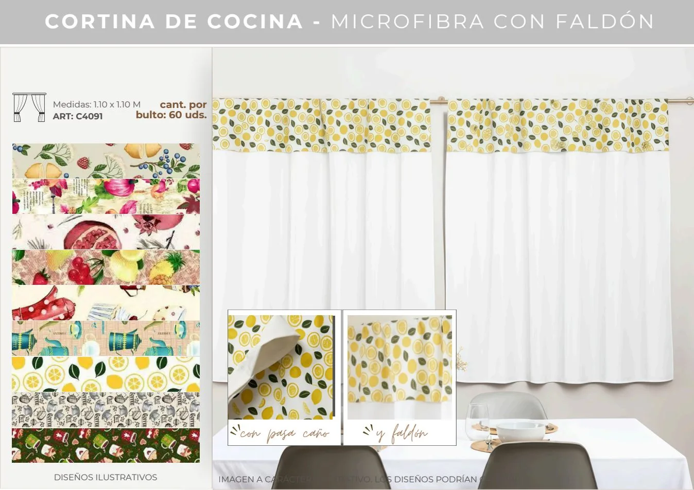 CORTINA MICROFIBRA COCINA CON FALDON 1.10M