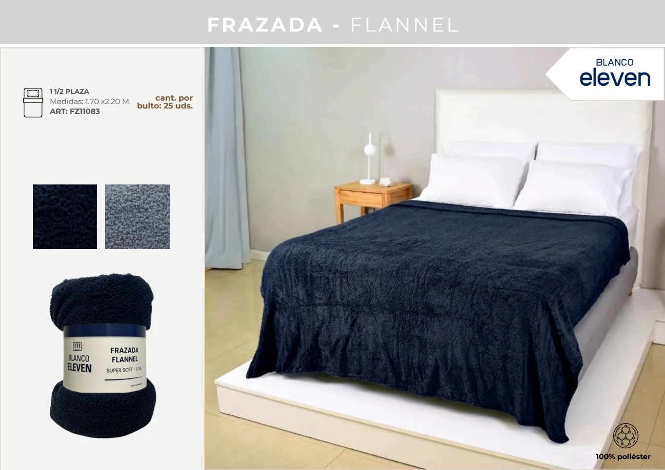 FRAZADA FLANNEL BLANCO ELEVEN 1.70 x2.20