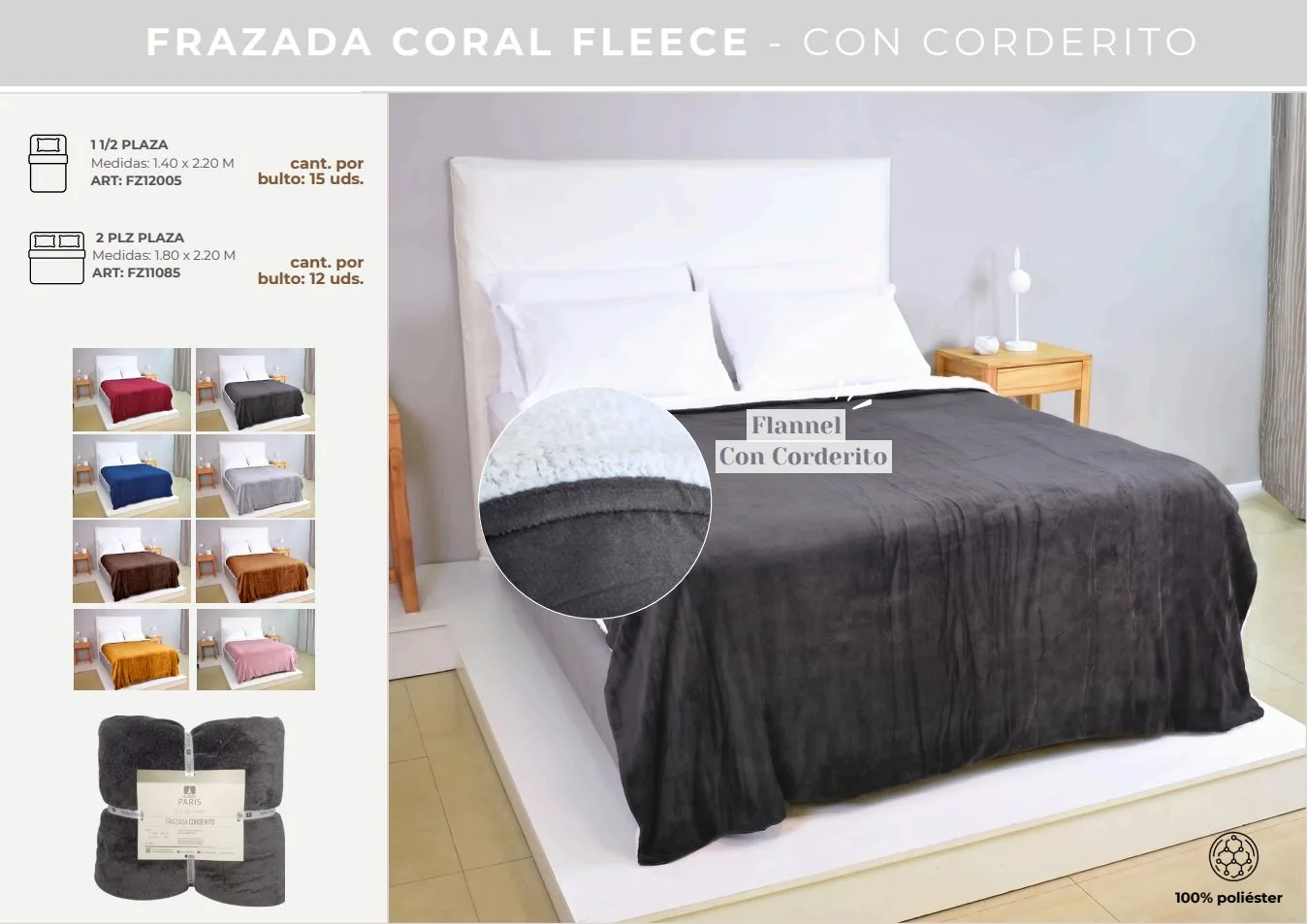 FRAZADA CORAL FLEECE CON CORDERITO LISA 140X220 1 1/2