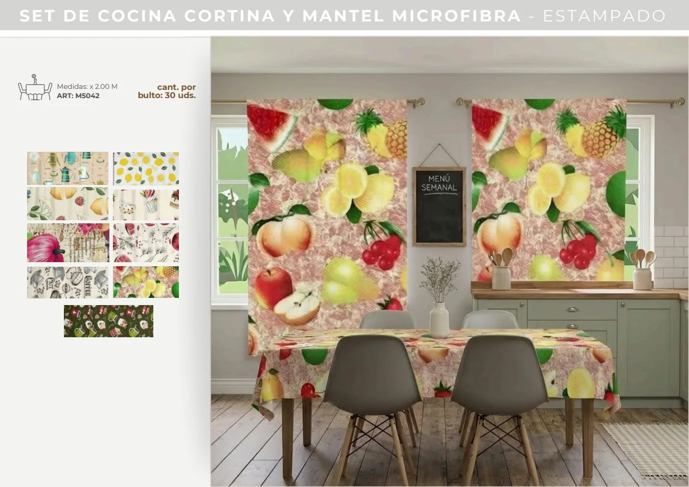 SET COCINA CORTINA Y MANTEL MICROFIBRA ESTAMPADO 2.00M