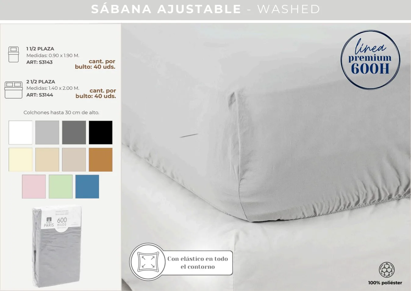 SABANA AJUSTABLE WASHED 600 HILOS 1 1/2
