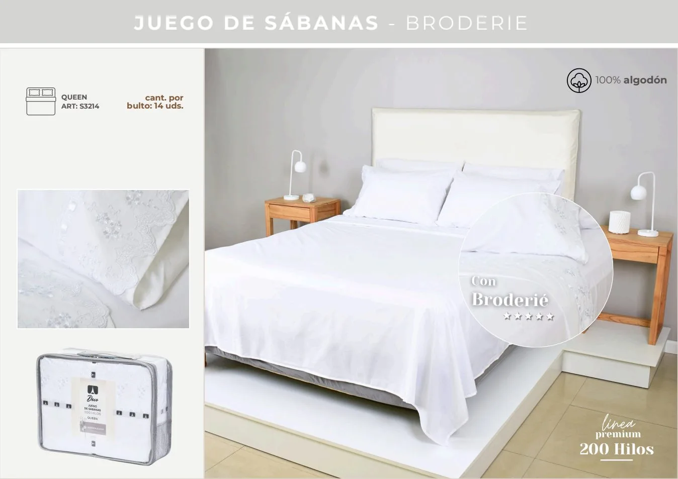 JGO SABANA BRODERIE ALG 200 HILOS QUEEN