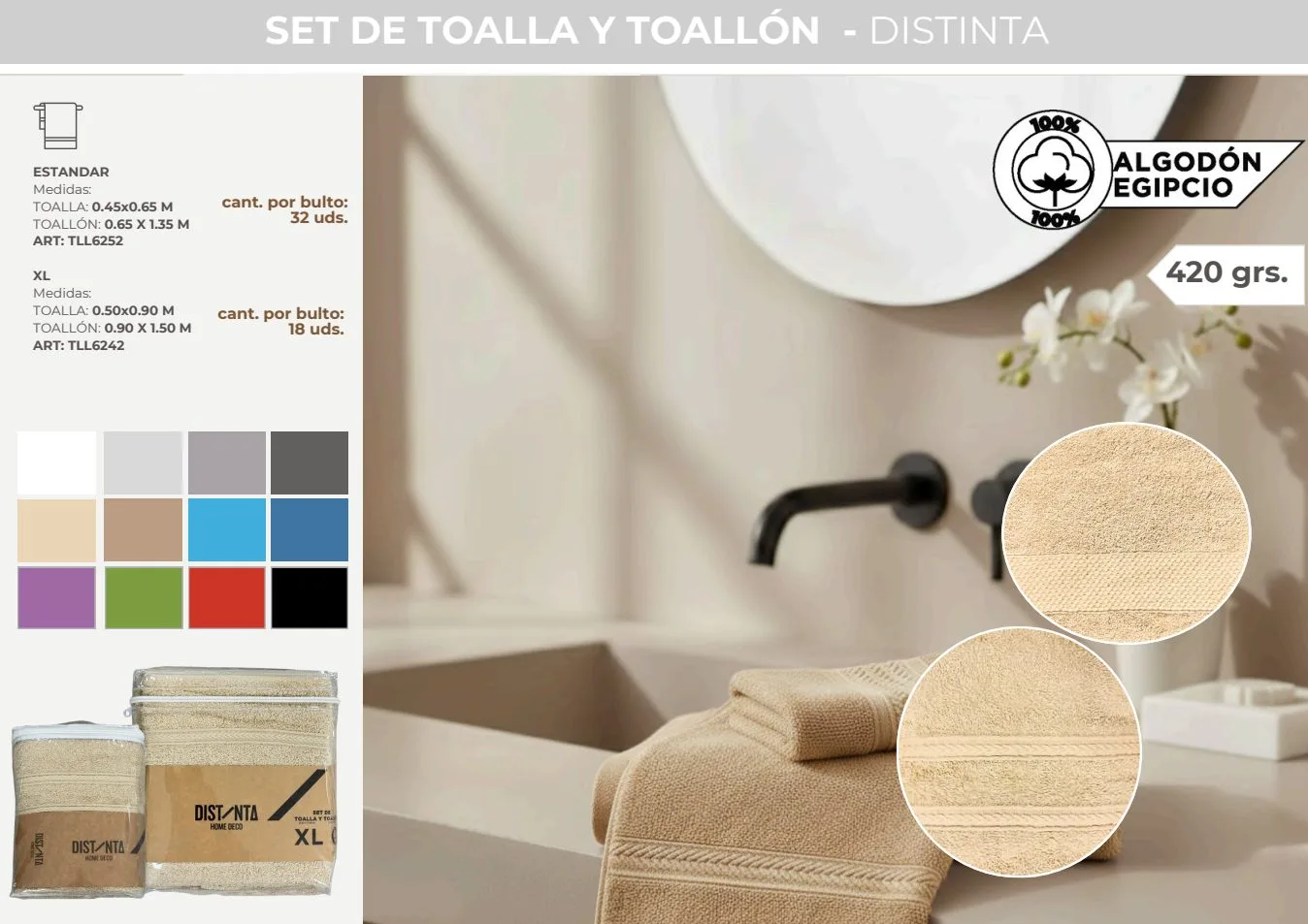 SET TOALLA Y TOALLON DISTINTA 1 GUARDA 420G 100% ALG (EGP-BP)