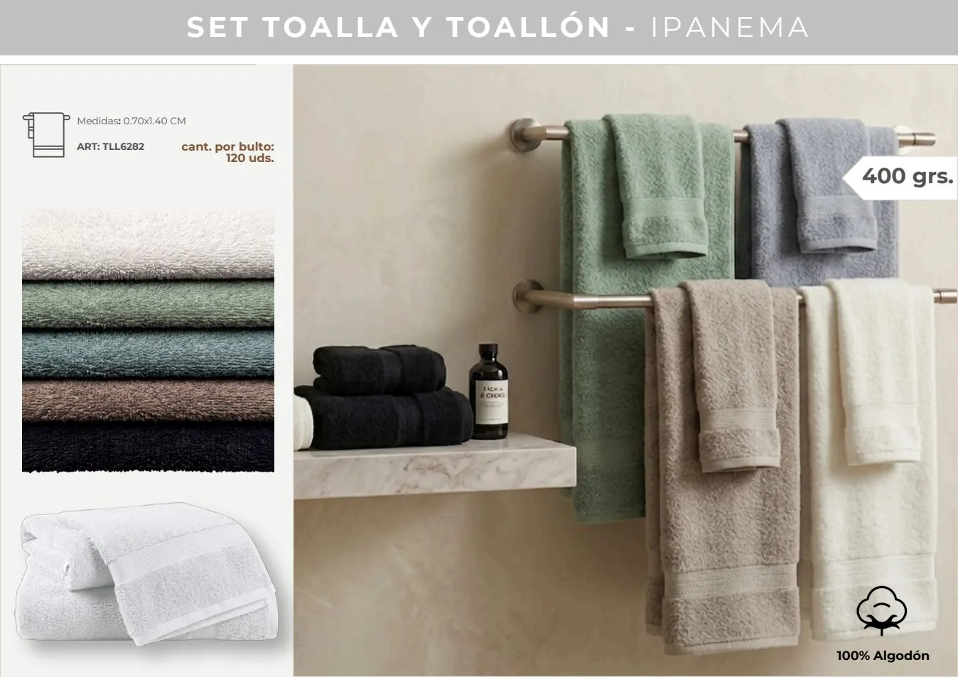 JGO TOALLA Y TOALLON IPANEMA LISO 100% ALG 400 G (IMP-BP)