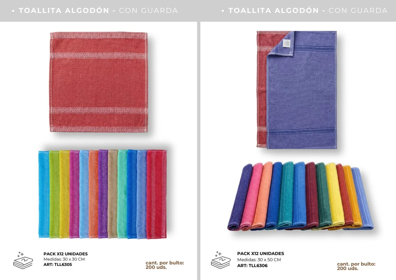 TOALLITA ALGODON CON GUARDA PACK X12  (30 X 30 CM)