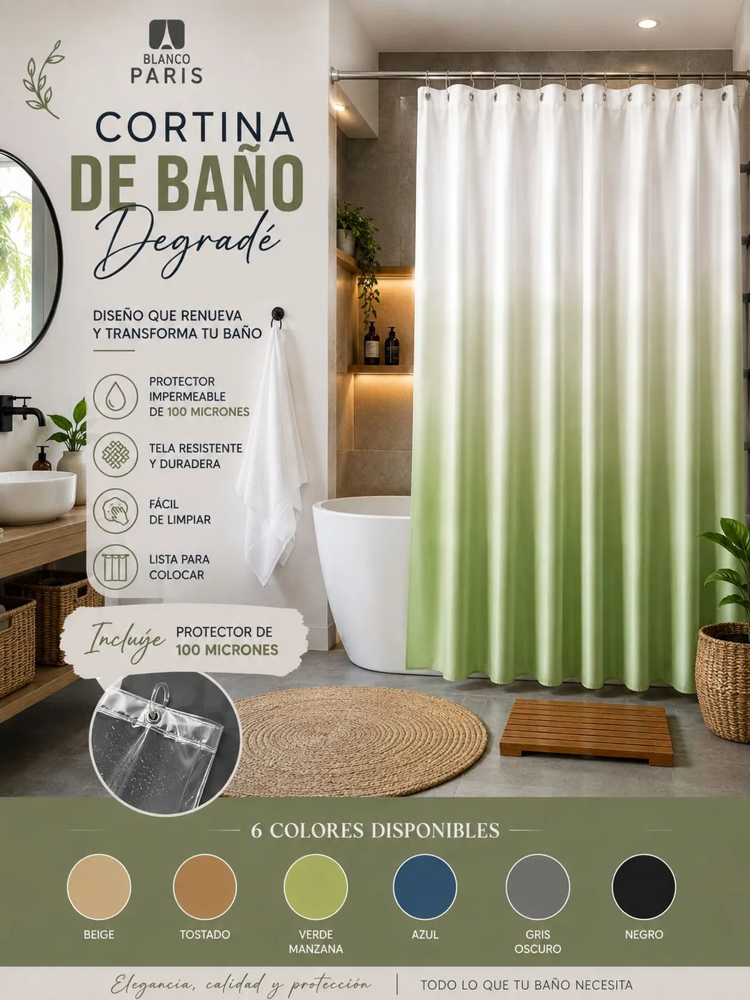 CORTINA DE BAÑO EN DEGRADE C/PROTECTOR 100MM